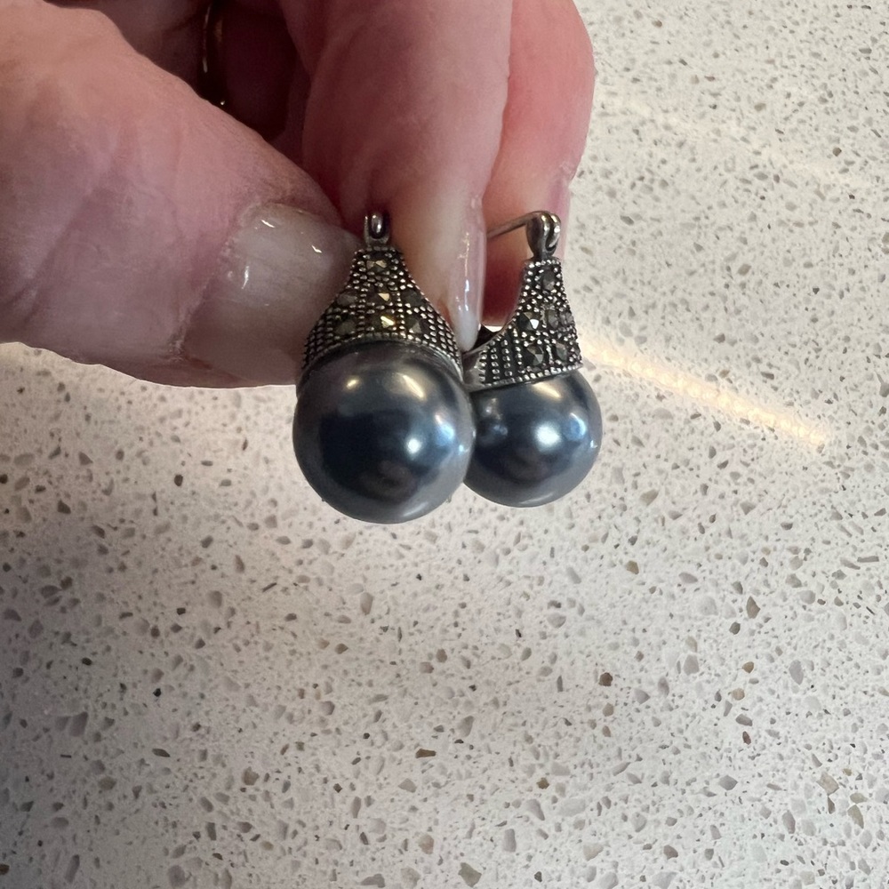 Sterling Silver Marcasite Faux Gray Pearl Post Earrings - Picture 3 of 4
